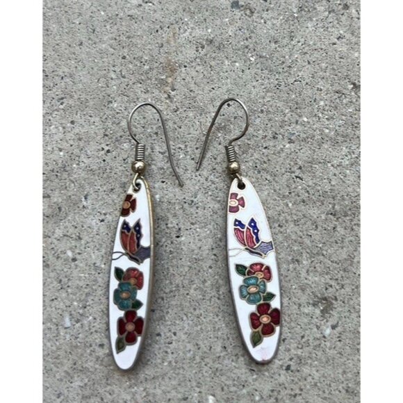 Vintage Enamel Flower & Butterfly Brass Earrings Pierce Dangle Work Gold Tone - Picture 3 of 9